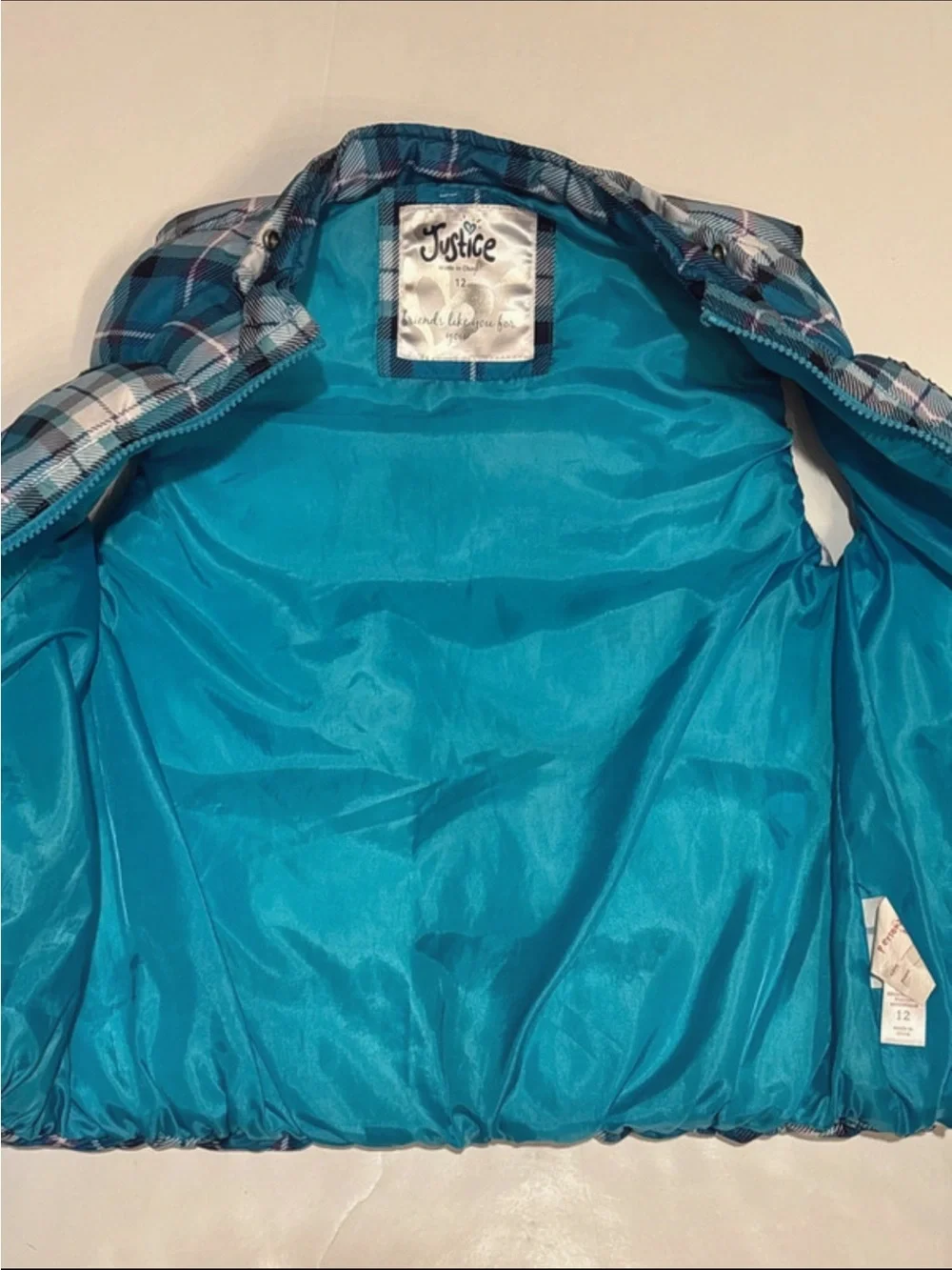 Justice Teal Plaid Puffer Vest for Kids 12 girls soft